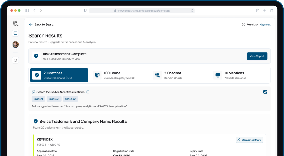 Swiss trademark search platform interface on MacBook showing CheckName.CH dashboard with IGE database integration and AI-powered risk assessment tools